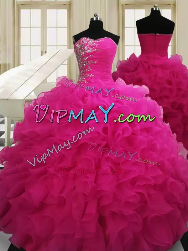 Fitting Hot Pink Ball Gowns Sweetheart Sleeveless Organza Floor Length Zipper Beading Ball Gown Prom Dress