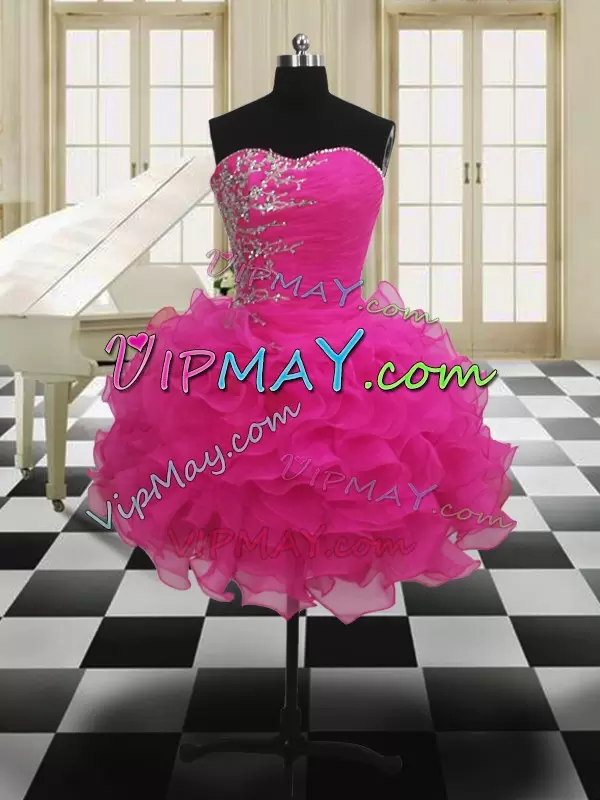 Fitting Hot Pink Ball Gowns Sweetheart Sleeveless Organza Floor Length Zipper Beading Ball Gown Prom Dress