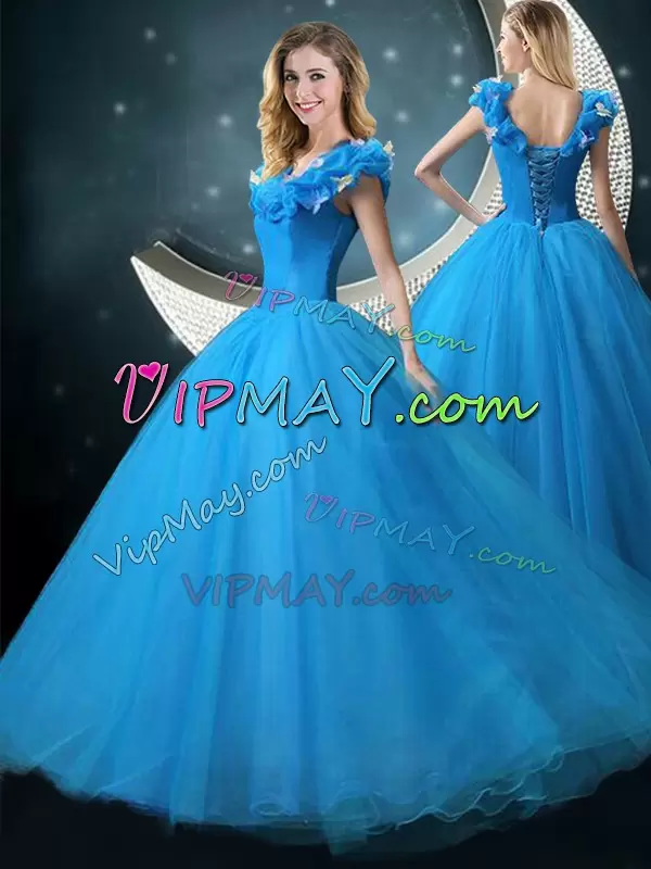 Fashionable Floor Length Blue Sweet 16 Dress V-neck Cap Sleeves Lace Up