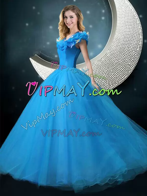 Fashionable Floor Length Blue Sweet 16 Dress V-neck Cap Sleeves Lace Up