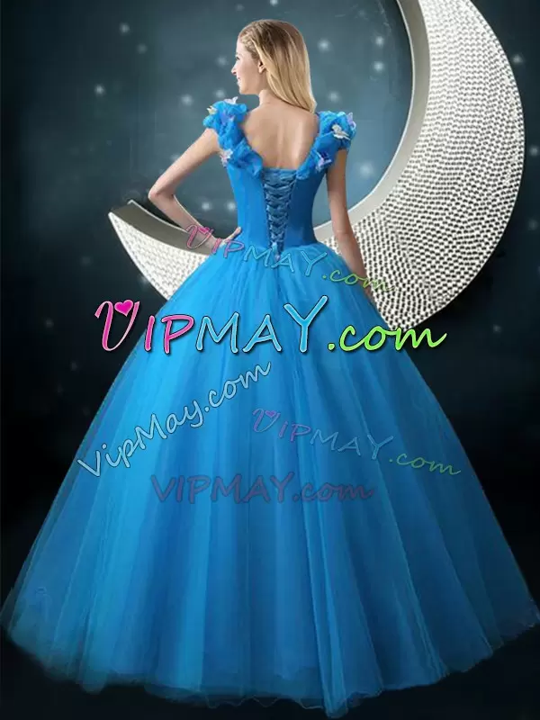 Fashionable Floor Length Blue Sweet 16 Dress V-neck Cap Sleeves Lace Up