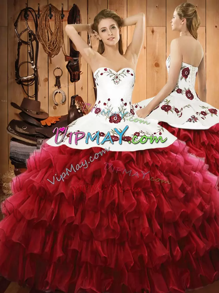 Fashion Floor Length Lace Up Quinceanera Gowns Wine Red for Military Ball and Sweet 16 and Quinceanera with Embroidery and Ruffled Layers