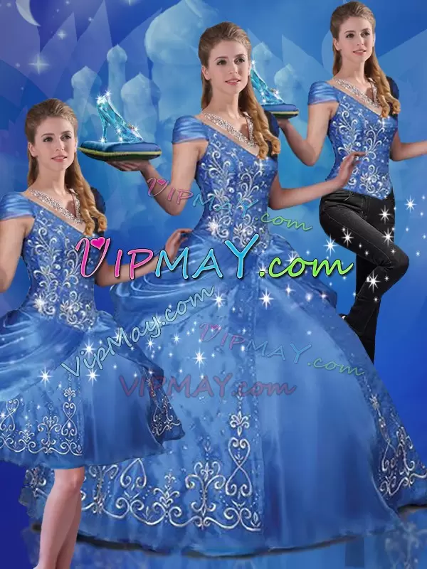 Blue Off The Shoulder Neckline Beading and Embroidery Quinceanera Gown Cap Sleeves Lace Up