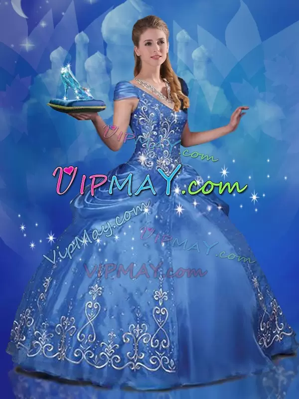 Blue Off The Shoulder Neckline Beading and Embroidery Quinceanera Gown Cap Sleeves Lace Up