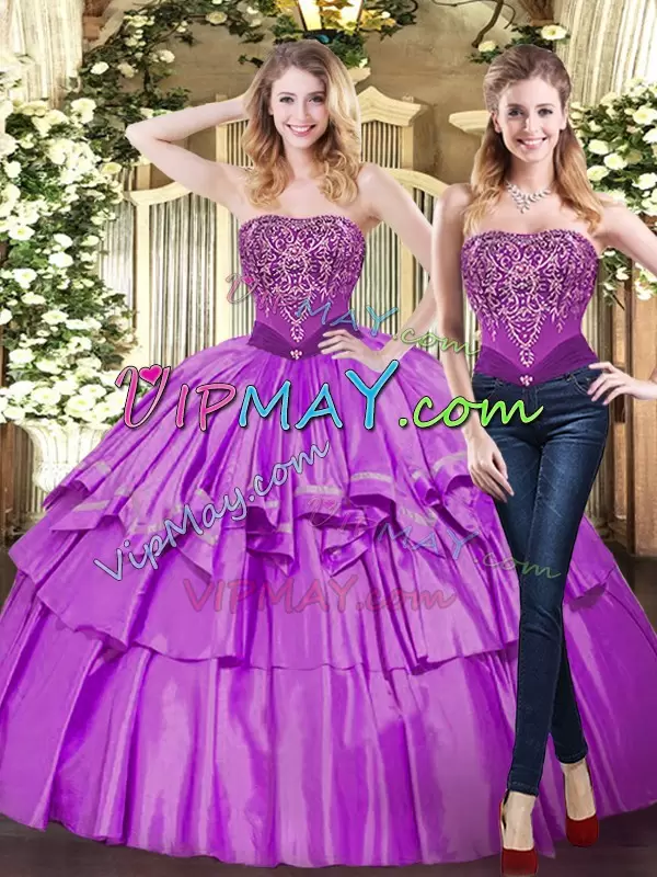 Tulle Strapless Sleeveless Lace Up Beading and Ruffled Layers Vestidos de Quinceanera in Eggplant Purple