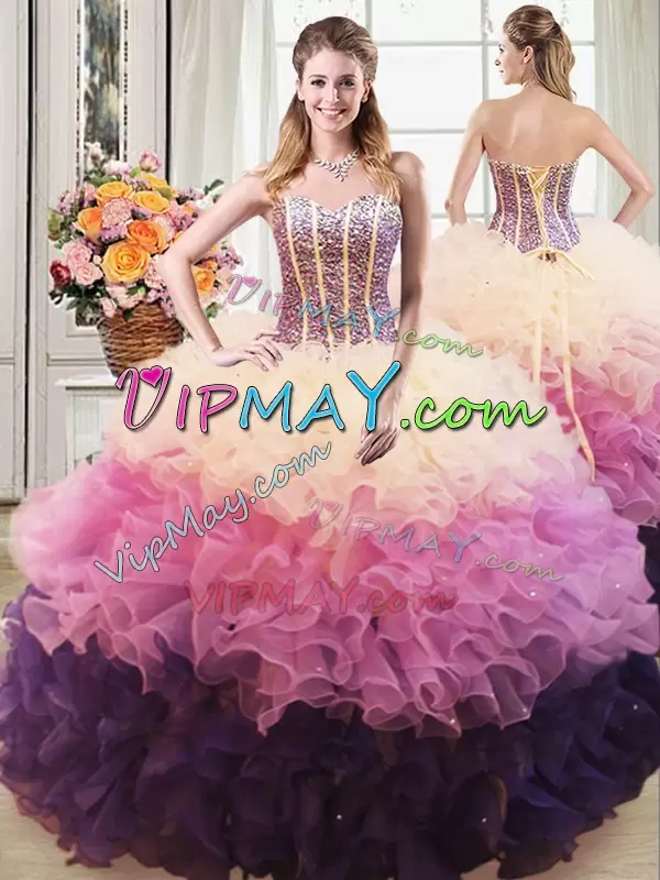 Customized Multi-color Sleeveless Floor Length Beading and Ruffles Lace Up Sweet 16 Dress Sweetheart