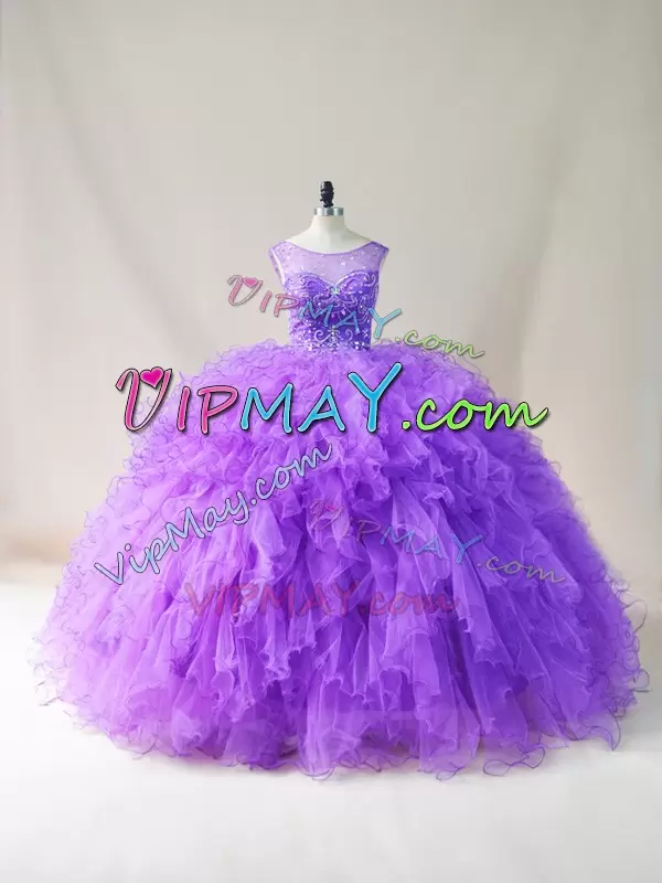 Hot Selling Floor Length Purple Vestidos de Quinceanera Scoop Sleeveless Lace Up