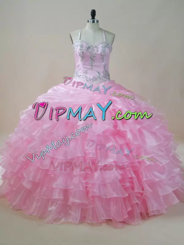 Cheap Organza Sleeveless Long Embroidery and Ruffled Layers Ball Gown Quinceanera Dress