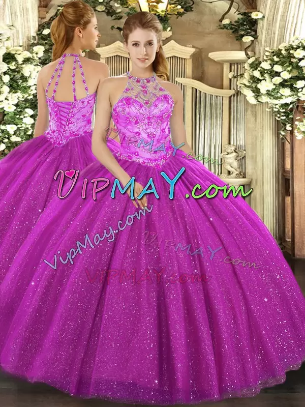 Designer Fuchsia Tulle Lace Up Halter Top Sleeveless Floor Length Quinceanera Dresses Beading and Embroidery and Sequins