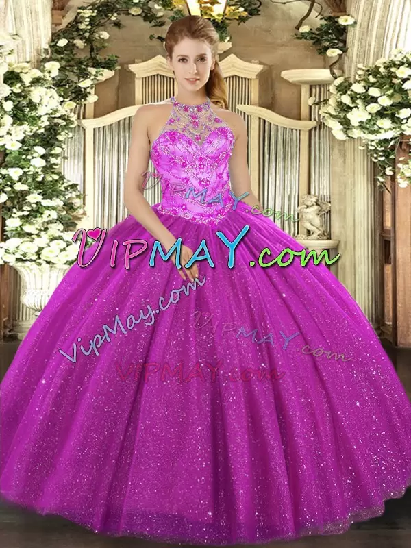 Designer Fuchsia Tulle Lace Up Halter Top Sleeveless Floor Length Quinceanera Dresses Beading and Embroidery and Sequins