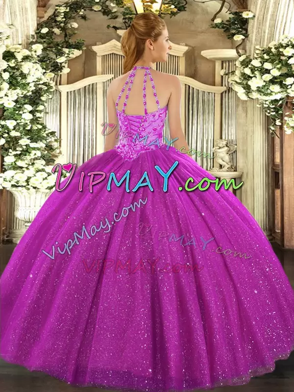 Designer Fuchsia Tulle Lace Up Halter Top Sleeveless Floor Length Quinceanera Dresses Beading and Embroidery and Sequins