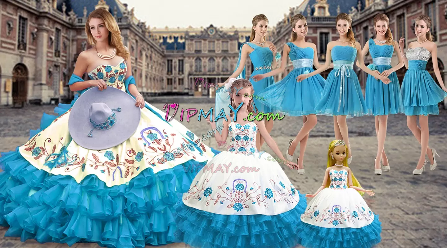 Beauteous Sleeveless Sweetheart Embroidery and Ruffled Layers Lace Up Sweet 16 Quinceanera Dress