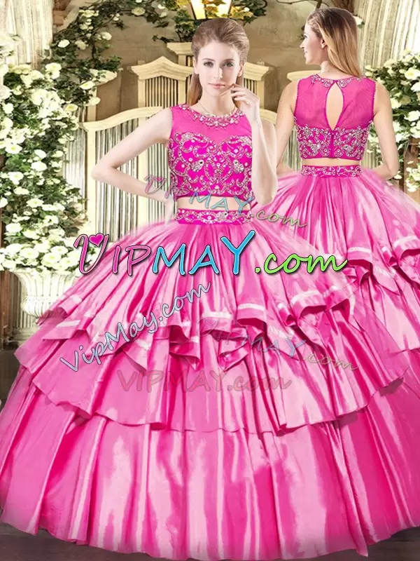 Modern Rose Pink Sleeveless Tulle Zipper 15 Quinceanera Dress for Military Ball and Sweet 16 and Quinceanera