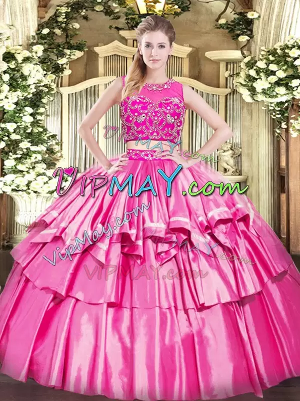 Modern Rose Pink Sleeveless Tulle Zipper 15 Quinceanera Dress for Military Ball and Sweet 16 and Quinceanera