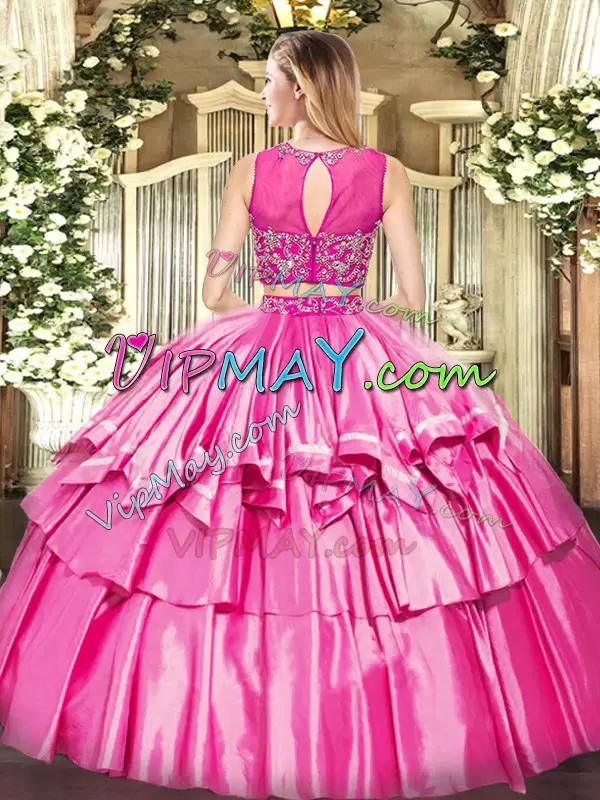 Modern Rose Pink Sleeveless Tulle Zipper 15 Quinceanera Dress for Military Ball and Sweet 16 and Quinceanera