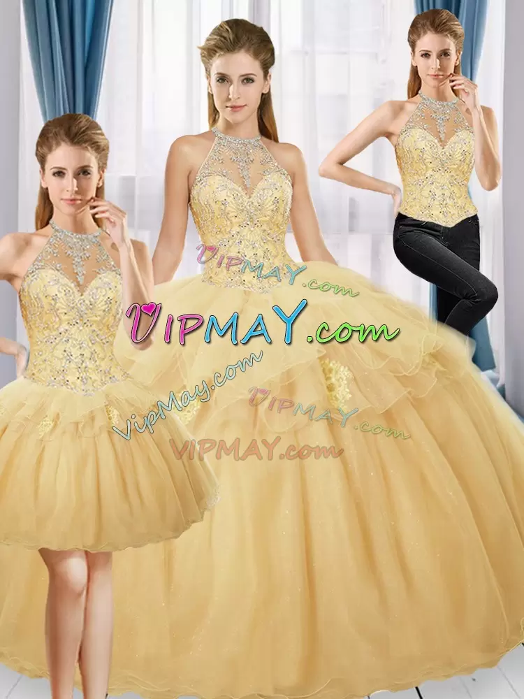 Sleeveless Floor Length Beading and Appliques Zipper Sweet 16 Dress with Gold