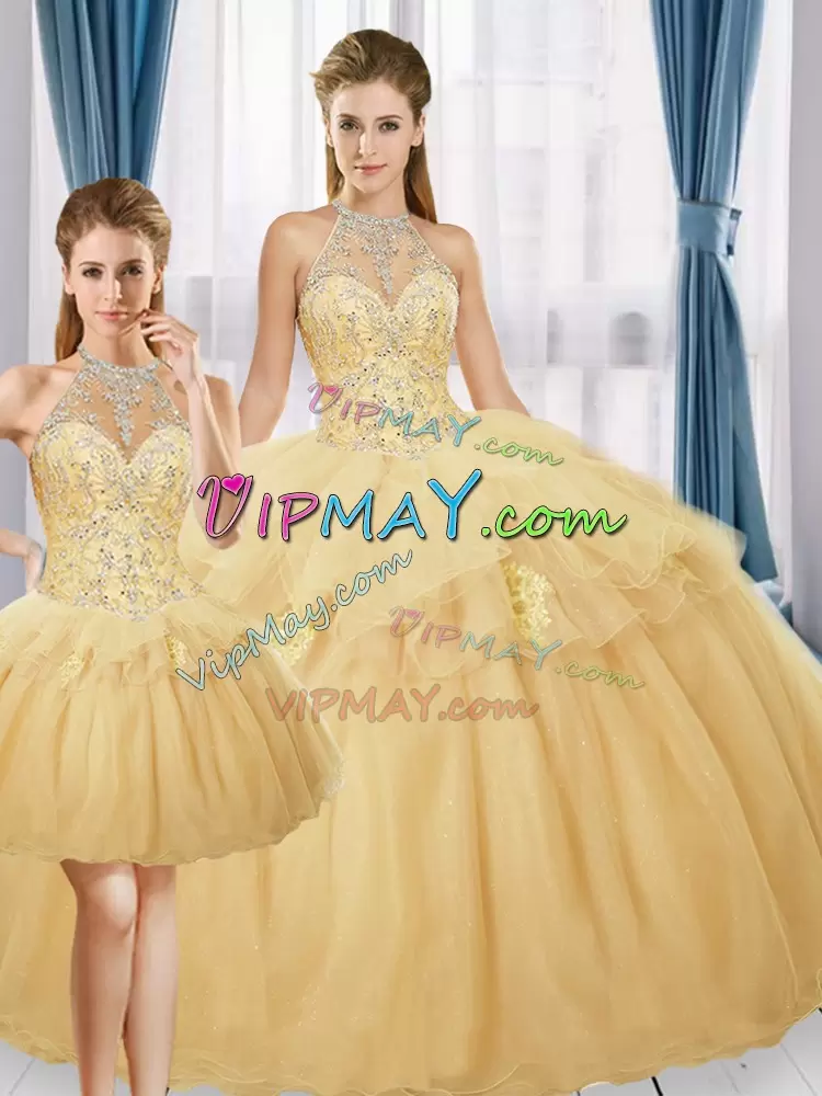 Sleeveless Floor Length Beading and Appliques Zipper Sweet 16 Dress with Gold