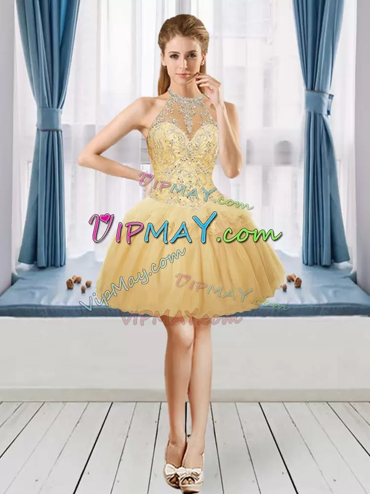 Sleeveless Floor Length Beading and Appliques Zipper Sweet 16 Dress with Gold