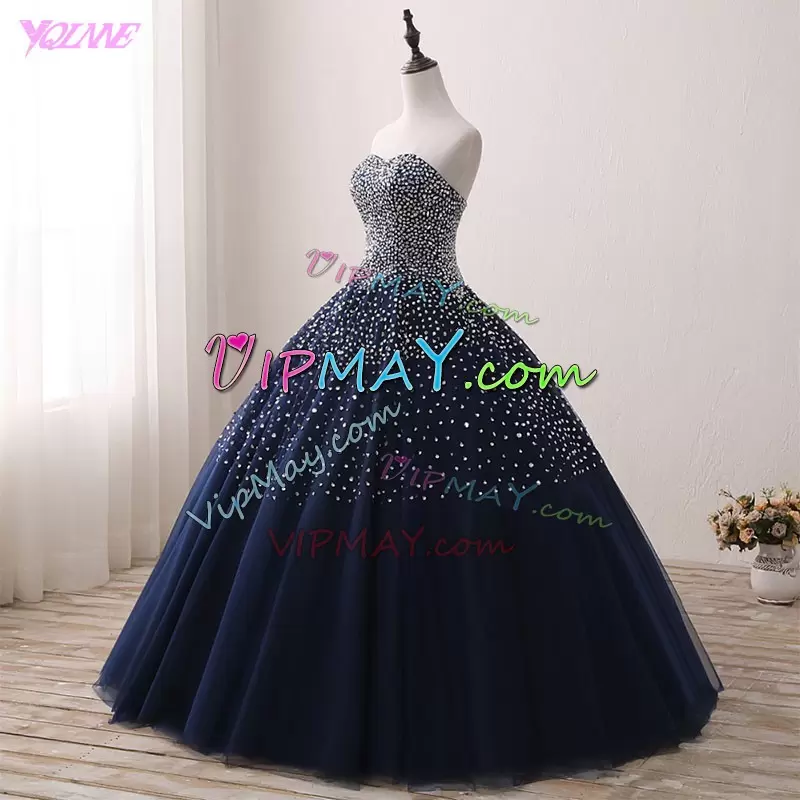 Luxury Navy Blue Lace Up Sweetheart Beading Quinceanera Gown Tulle Sleeveless