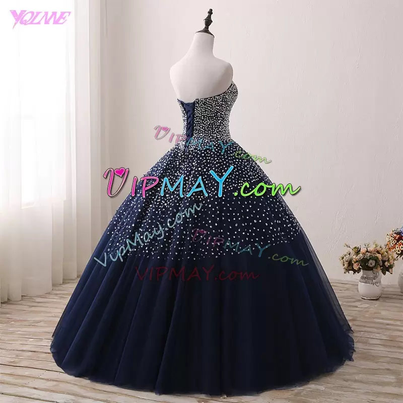 Luxury Navy Blue Lace Up Sweetheart Beading Quinceanera Gown Tulle Sleeveless