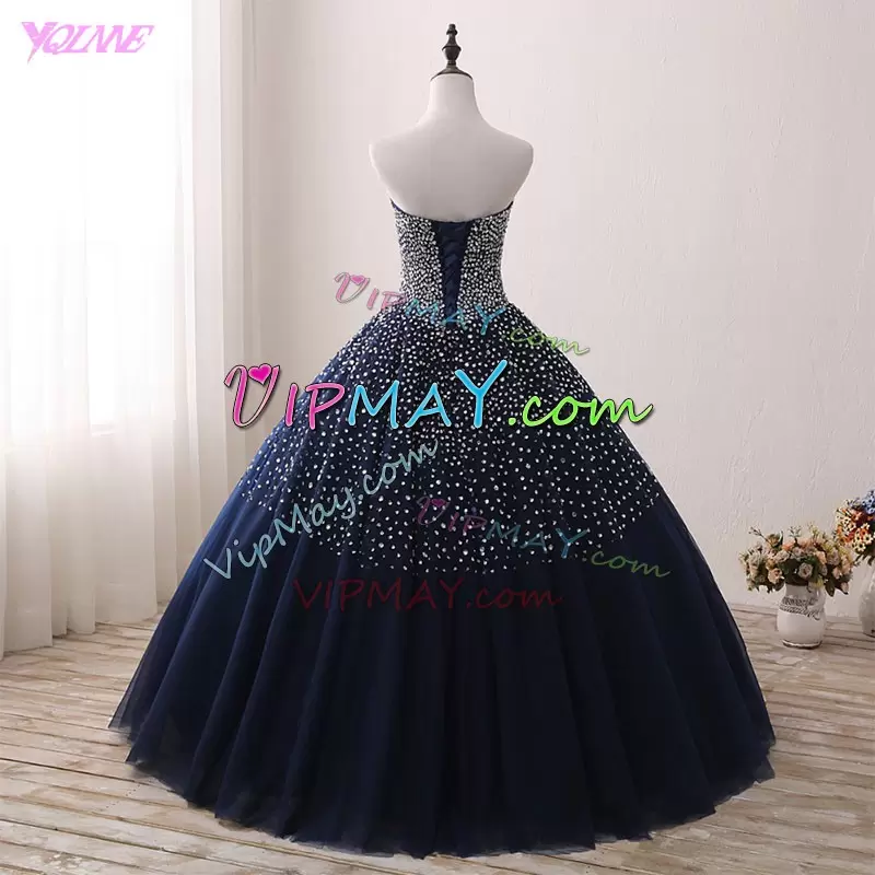 Luxury Navy Blue Lace Up Sweetheart Beading Quinceanera Gown Tulle Sleeveless