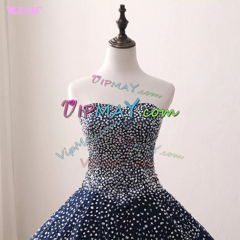 Luxury Navy Blue Lace Up Sweetheart Beading Quinceanera Gown Tulle Sleeveless