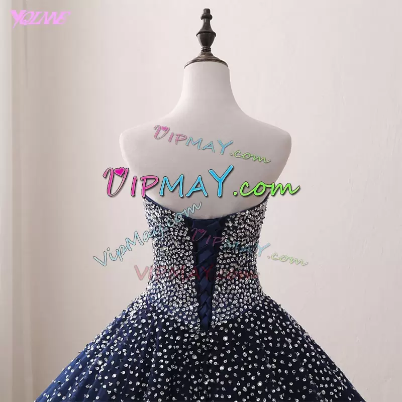 Luxury Navy Blue Lace Up Sweetheart Beading Quinceanera Gown Tulle Sleeveless