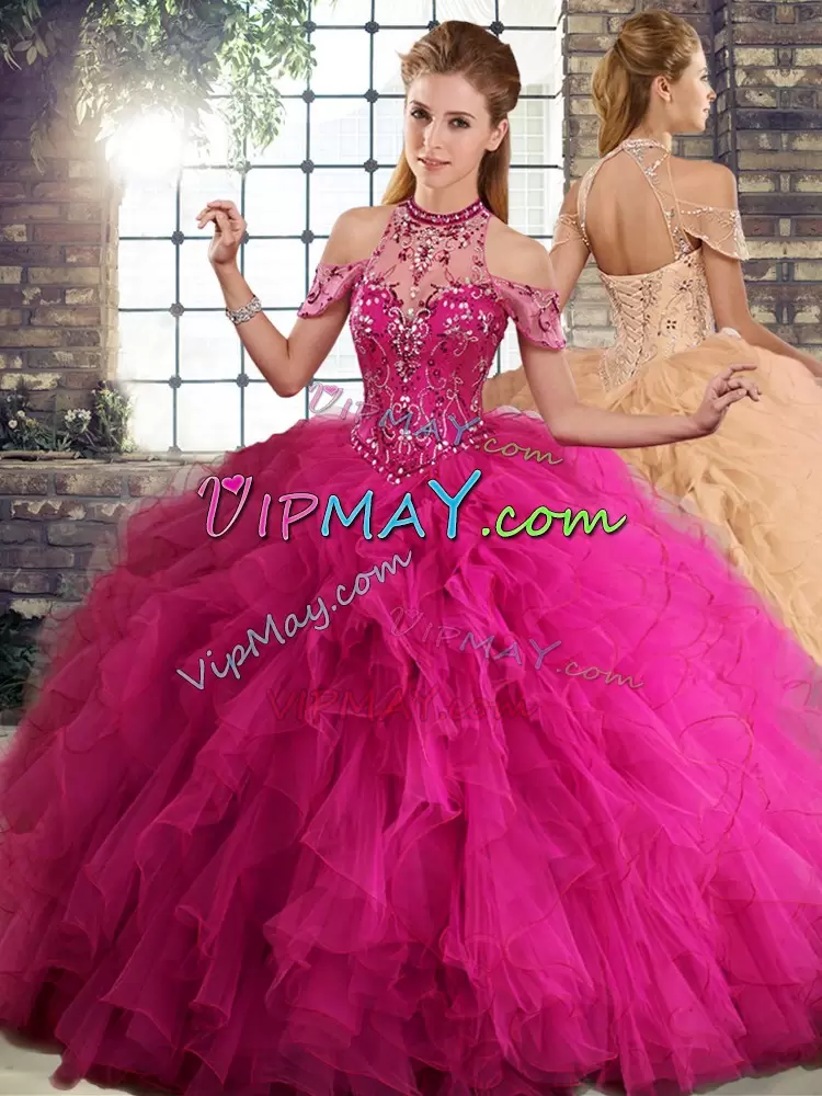 Fuchsia Lace Up Quinceanera Dresses Beading and Ruffles Sleeveless Floor Length