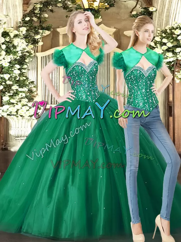 Floor Length Lace Up 15 Quinceanera Dress Green for Military Ball and Sweet 16 and Quinceanera with Beading
