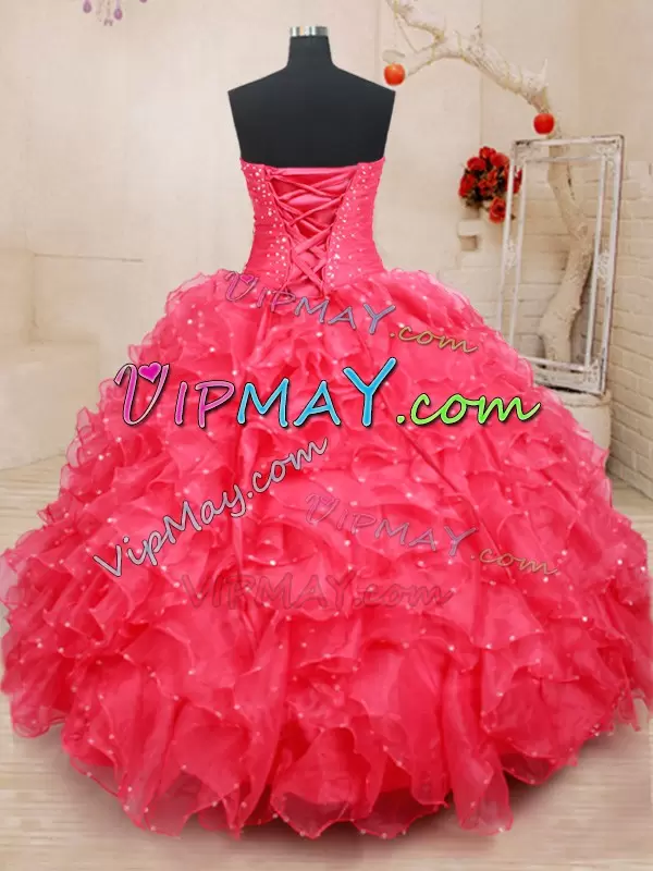 Coral Red Sleeveless Beading and Ruffles and Sequins and Hand Made Flower Floor Length Quinceanera Gowns