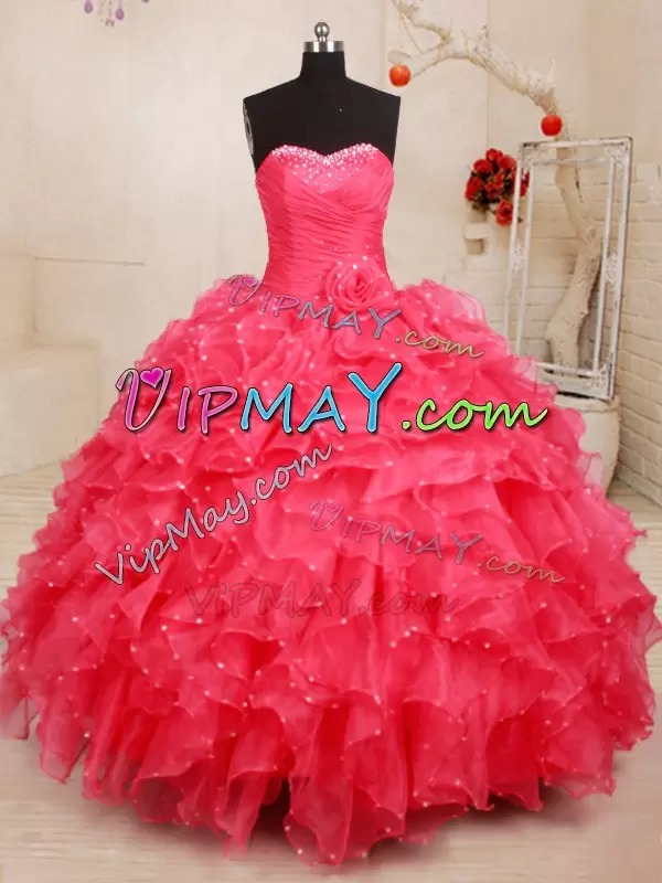 Coral Red Sleeveless Beading and Ruffles and Sequins and Hand Made Flower Floor Length Quinceanera Gowns