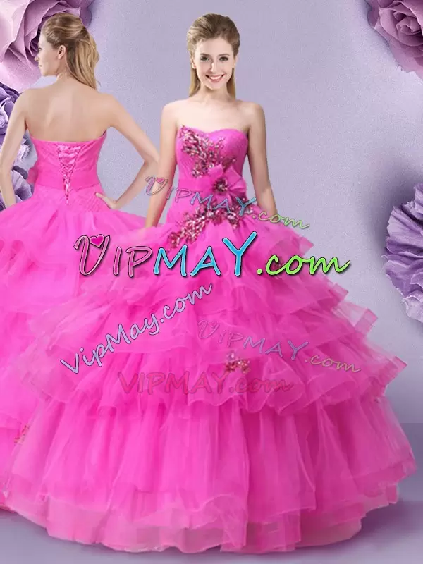 Hot Pink Sleeveless Tulle Lace Up Quinceanera Gown for Military Ball and Sweet 16 and Quinceanera