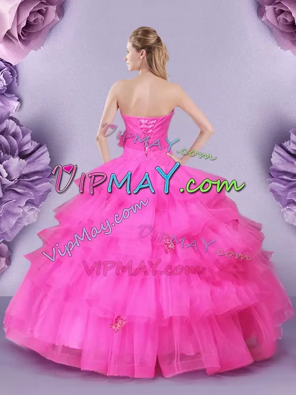 Hot Pink Sleeveless Tulle Lace Up Quinceanera Gown for Military Ball and Sweet 16 and Quinceanera