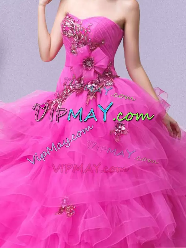 Hot Pink Sleeveless Tulle Lace Up Quinceanera Gown for Military Ball and Sweet 16 and Quinceanera