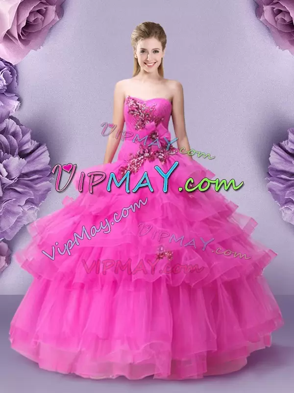 Hot Pink Sleeveless Tulle Lace Up Quinceanera Gown for Military Ball and Sweet 16 and Quinceanera