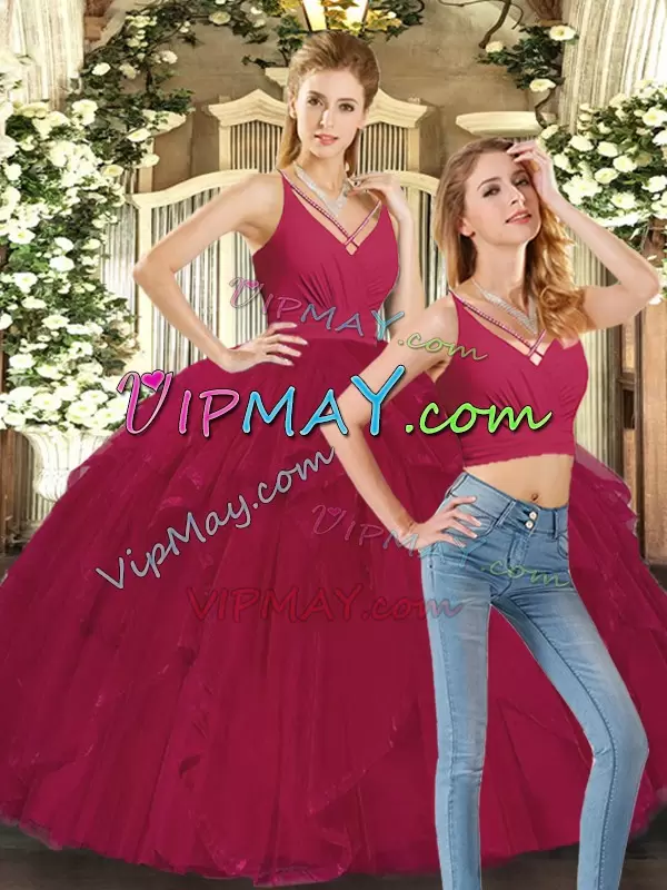 Vintage Red Sleeveless Floor Length Ruffles Lace Up Quinceanera Gown V-neck