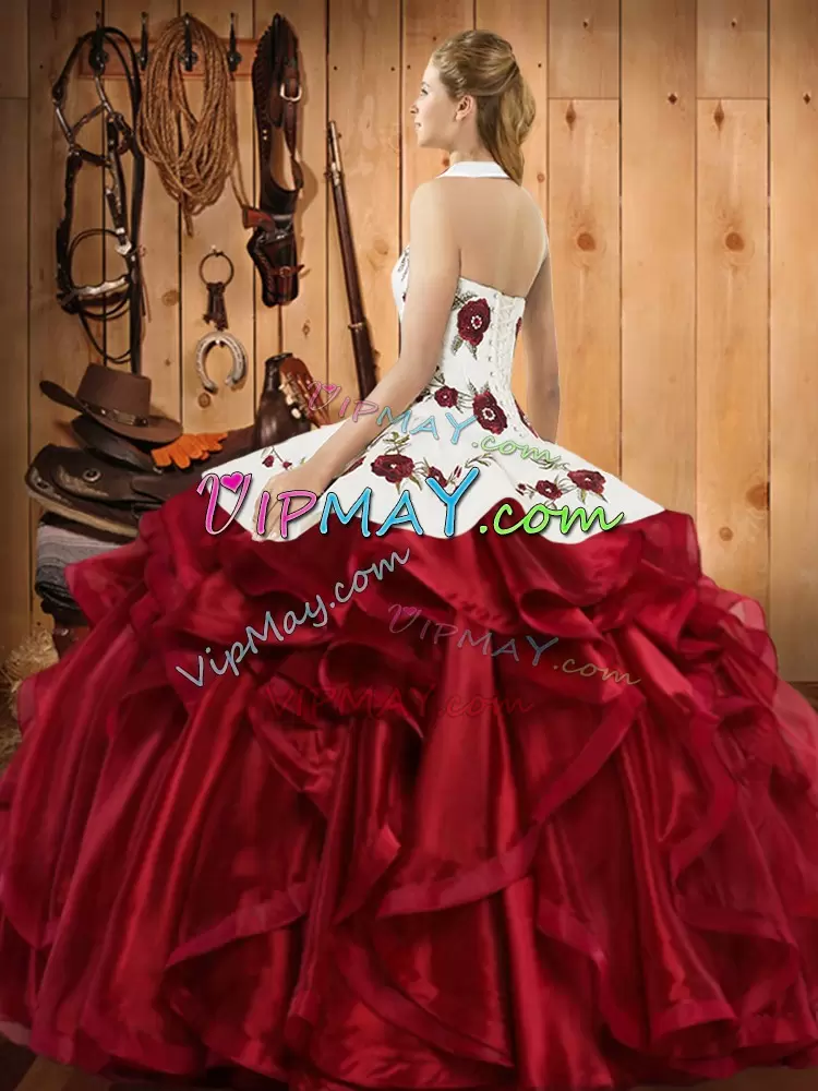 Wine Red Halter Top Neckline Embroidery and Ruffles Quinceanera Dresses Sleeveless Lace Up