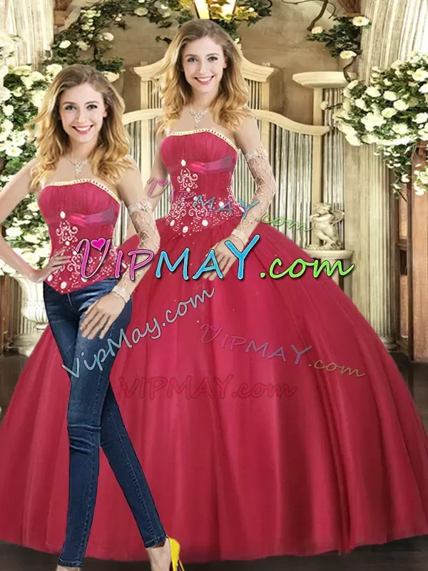 Red Lace Up Strapless Beading Vestidos de Quinceanera Tulle Sleeveless