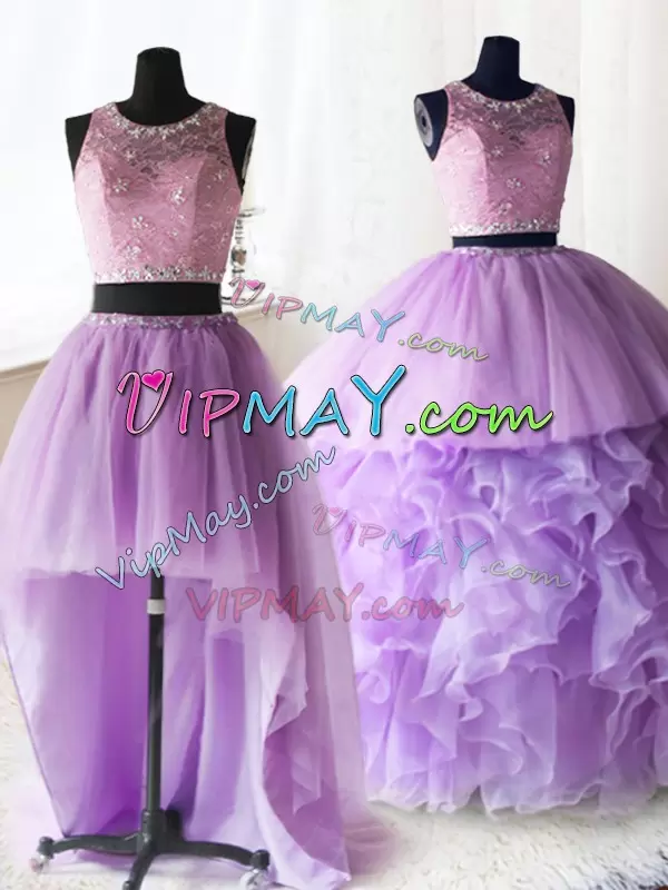With Train Ball Gowns Sleeveless Lilac Ball Gown Prom Dress Brush Train Zipper