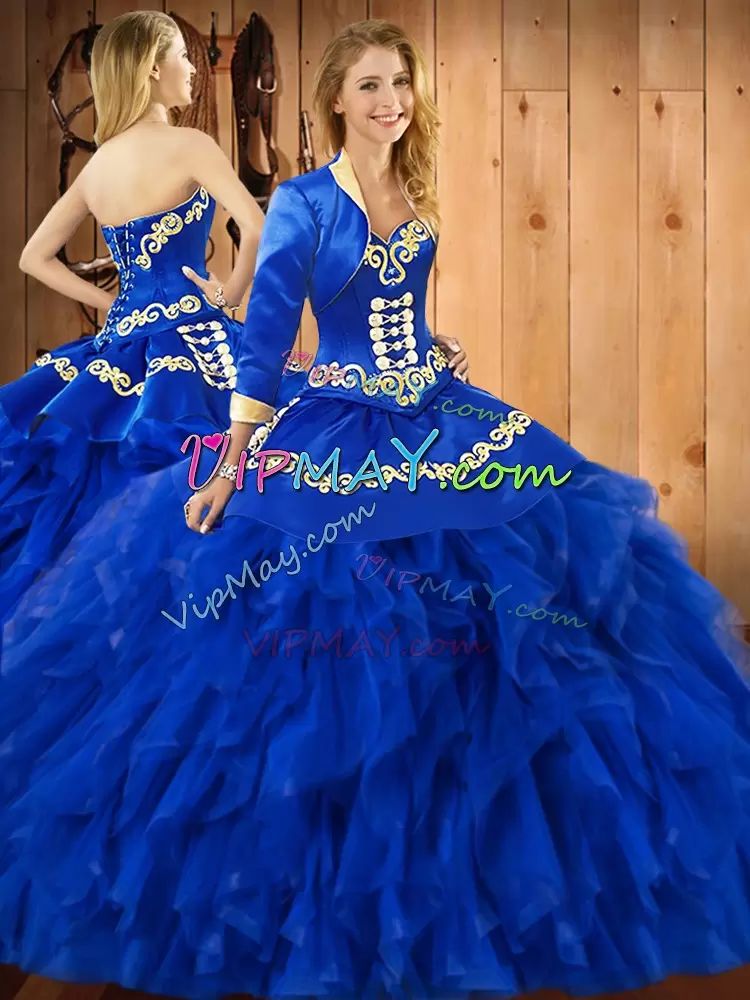 Blue Satin and Organza Lace Up Quinceanera Gown Sleeveless Floor Length Embroidery and Ruffles