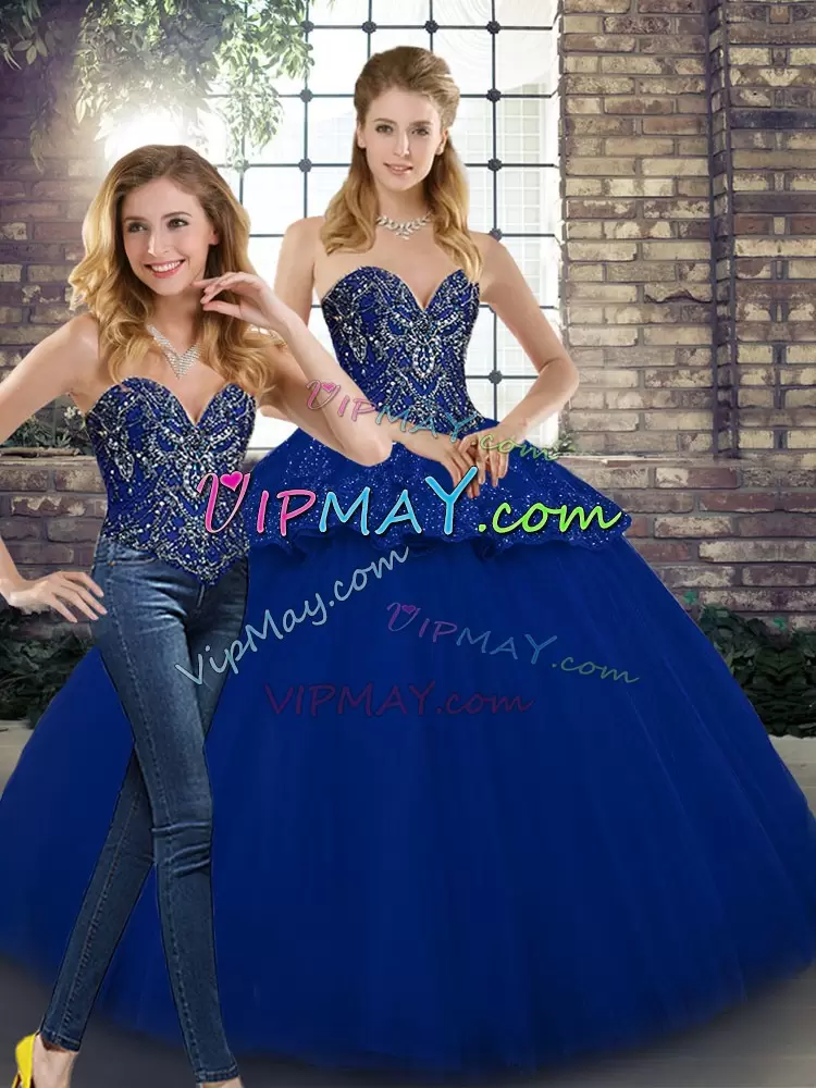 Floor Length Royal Blue Quinceanera Dresses Sweetheart Sleeveless Lace Up