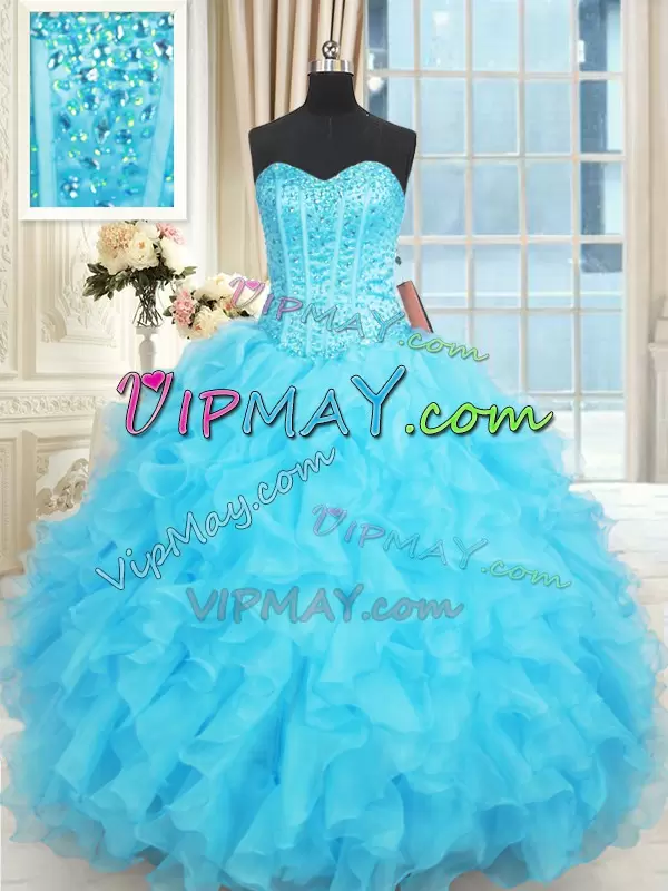 Aqua Blue Sweetheart Neckline Beading and Ruffles and Ruffled Layers Quinceanera Gowns Sleeveless Lace Up