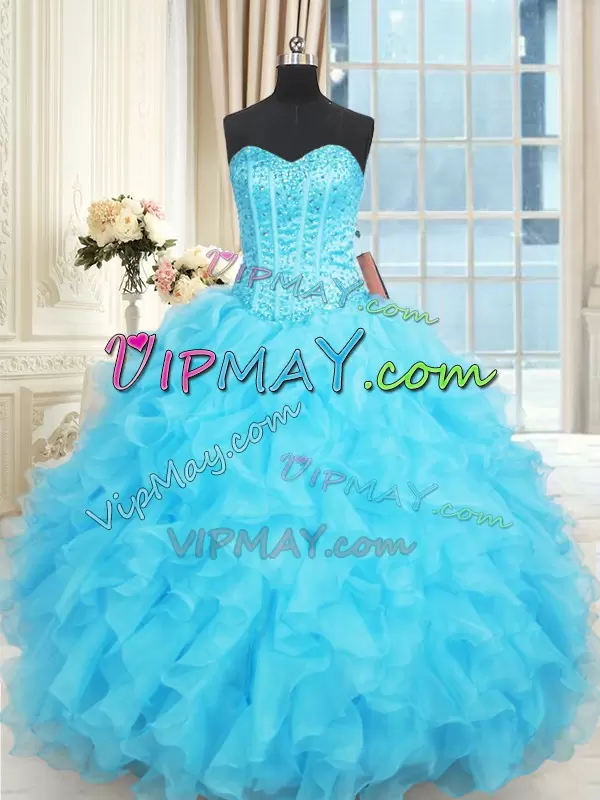 Aqua Blue Sweetheart Neckline Beading and Ruffles and Ruffled Layers Quinceanera Gowns Sleeveless Lace Up