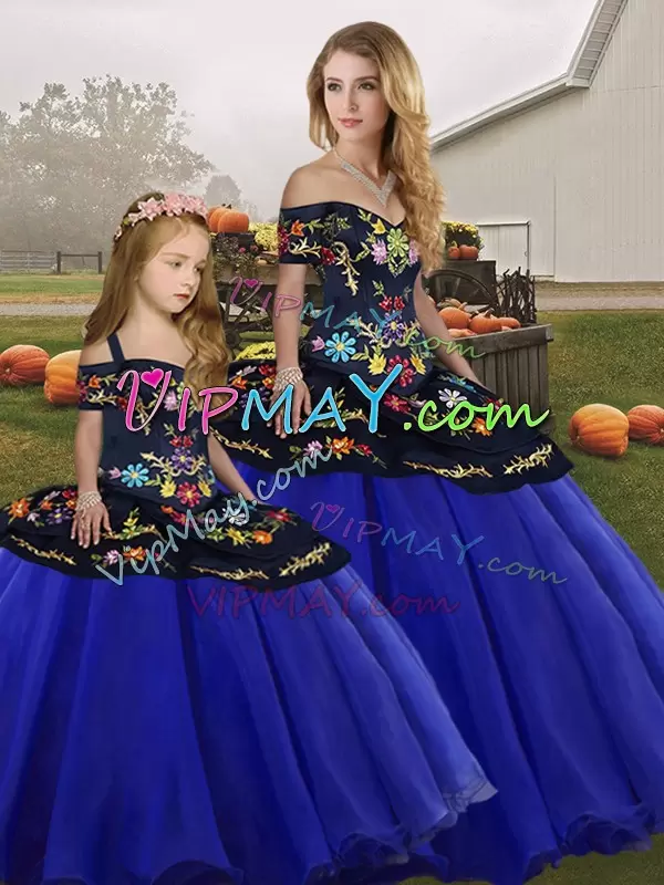 Fashionable Royal Blue Sweet 16 Quinceanera Dress Military Ball and Sweet 16 and Quinceanera with Embroidery Off The Shoulder Sleeveless Lace Up