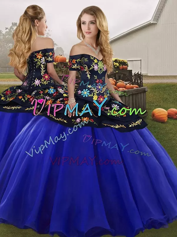 Fashionable Royal Blue Sweet 16 Quinceanera Dress Military Ball and Sweet 16 and Quinceanera with Embroidery Off The Shoulder Sleeveless Lace Up