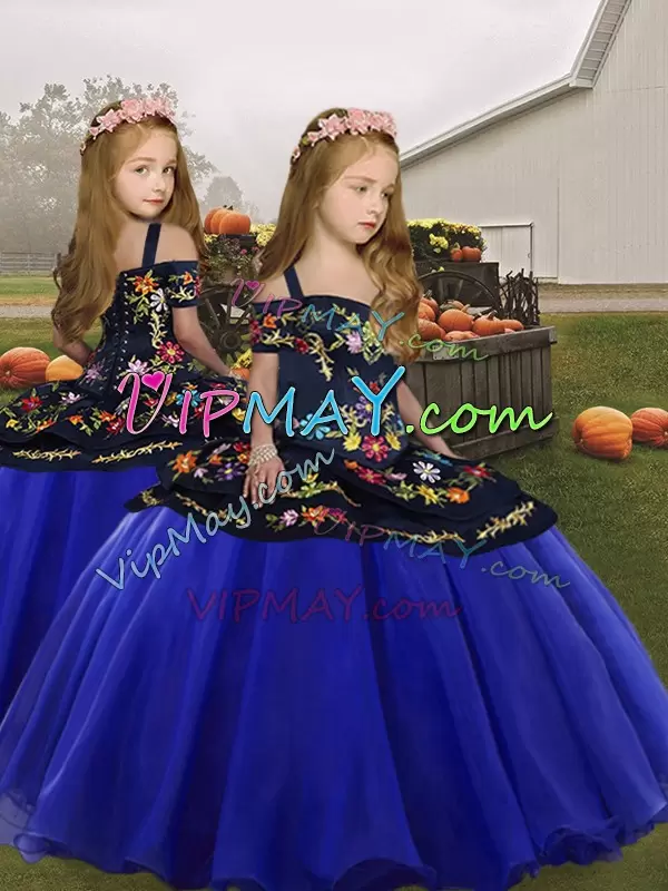 Fashionable Royal Blue Sweet 16 Quinceanera Dress Military Ball and Sweet 16 and Quinceanera with Embroidery Off The Shoulder Sleeveless Lace Up