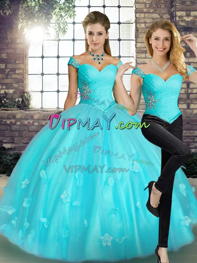 Aqua Blue Sleeveless Tulle Lace Up Quince Ball Gowns for Military Ball and Sweet 16 and Quinceanera