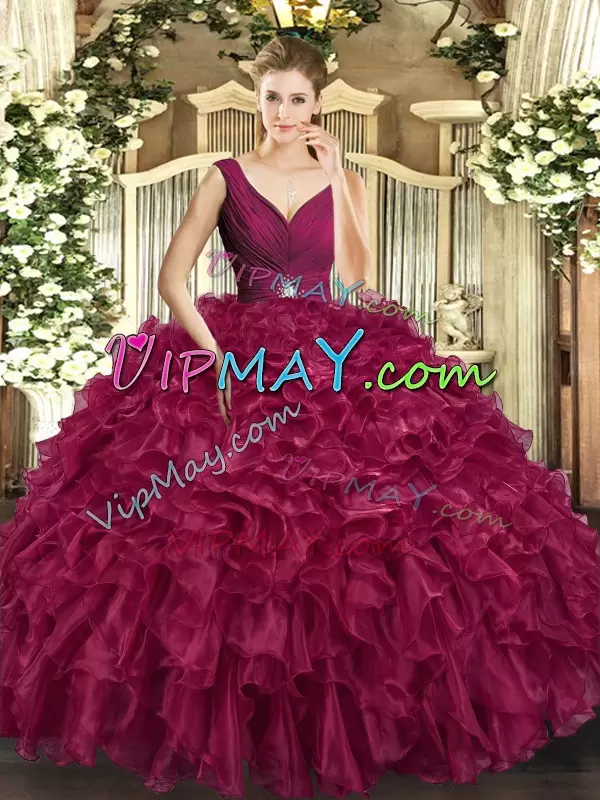 Fancy Burgundy Backless V-neck Beading and Ruffles Quinceanera Gowns Organza Sleeveless