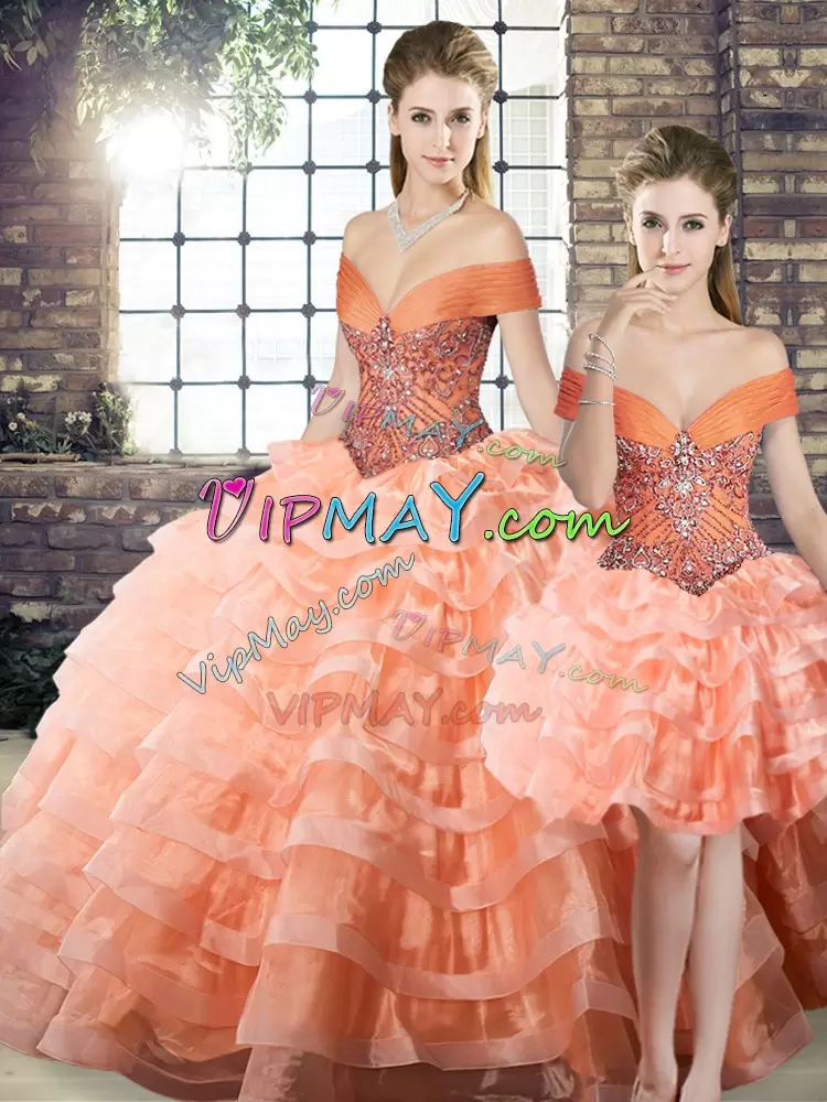 Extravagant Peach Sleeveless Brush Train Beading and Ruffled Layers Ball Gown Prom Dress