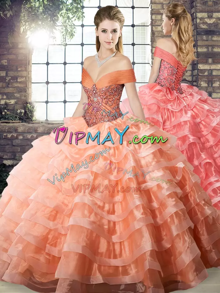 Extravagant Peach Sleeveless Brush Train Beading and Ruffled Layers Ball Gown Prom Dress